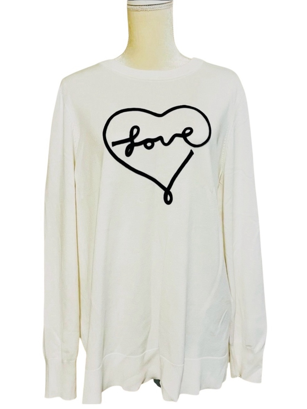 Marled Womens 2X Ivory Love Heart Sweater Tunic Rayon Blend Side Slits Plus Size